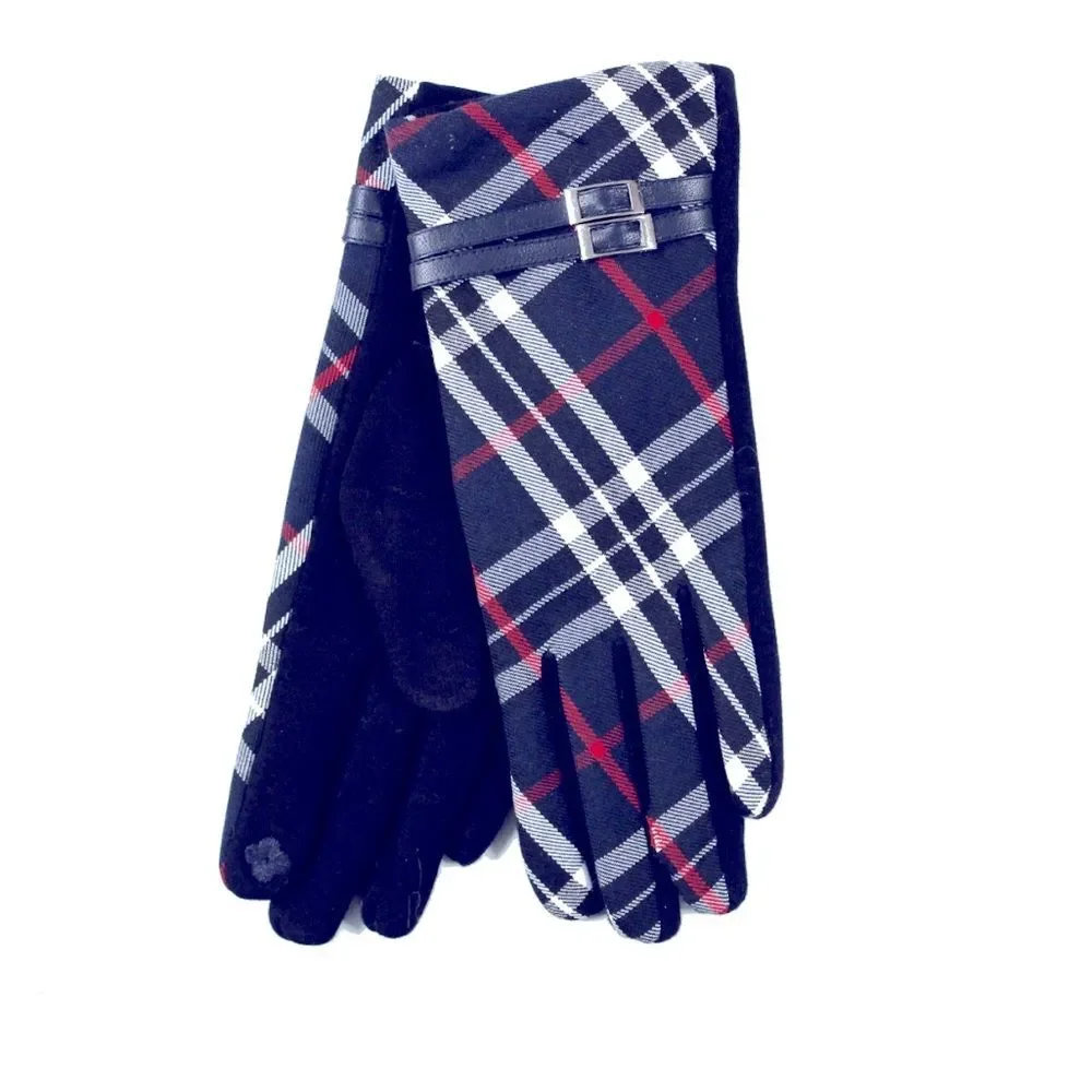 Heritage of Scotland Buckle Tartan Plaid Navy Tech Gloves Women OS NWOT Twee